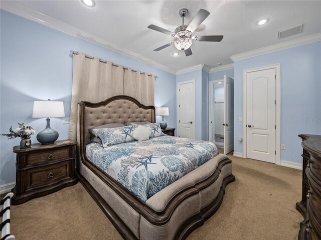 7427 20th St, Zephyrhills, FL 33540 - bedroom featuring light carpet, ornamental molding, recessed lighting, a ceiling fan, and connected bathroom