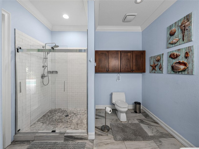7427 20th St, Zephyrhills, FL 33540 - bathroom featuring a stall shower, ornamental molding, and marble finish flooring