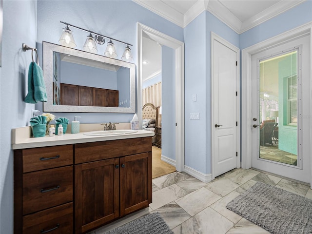 7427 20th St, Zephyrhills, FL 33540 - bathroom featuring marble look tiles, vanity, and crown molding