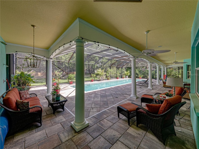 7427 20th St, Zephyrhills, FL 33540 - view of patio with an outdoor pool, ceiling fan, and a lanai