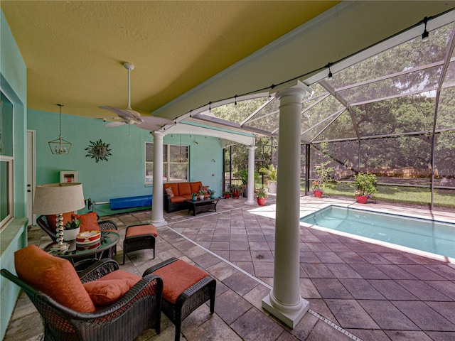 7427 20th St, Zephyrhills, FL 33540 - view of patio / terrace with an outdoor living space, an outdoor pool, ceiling fan, and glass enclosure
