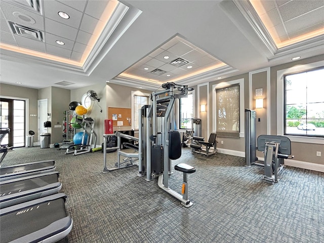 5336 Patano Loop, Palmetto, FL 34221 - workout area featuring a tray ceiling, carpet floors, and crown molding