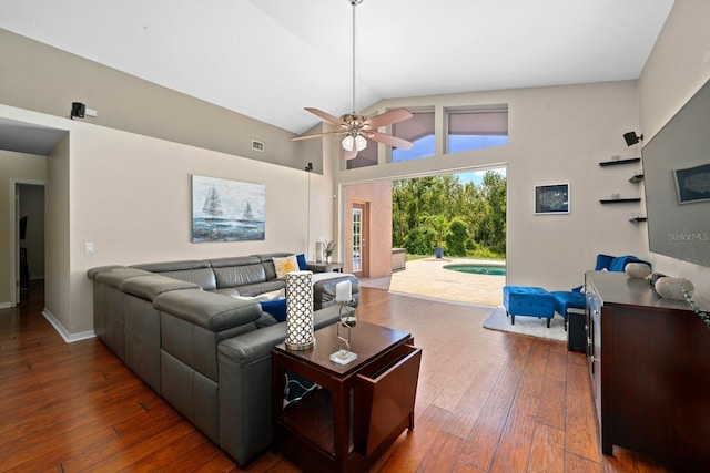 9206 Brindlewood Dr, Odessa, FL 33556 - living room with wood-type flooring, high vaulted ceiling, and ceiling fan