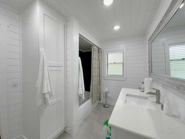 1548 Foxboro Dr, Palm Harbor, FL 34683 - bathroom featuring vanity, recessed lighting, shower / bath combination with curtain, and wooden ceiling