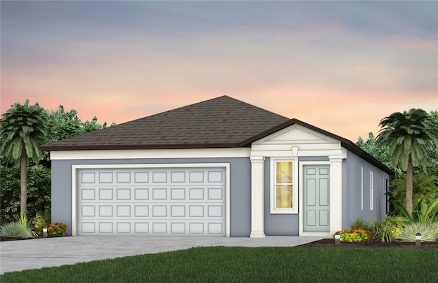 10426 Cross River Trl, Parrish, FL 34219 - ranch-style house with roof with shingles, driveway, a garage, and stucco siding
