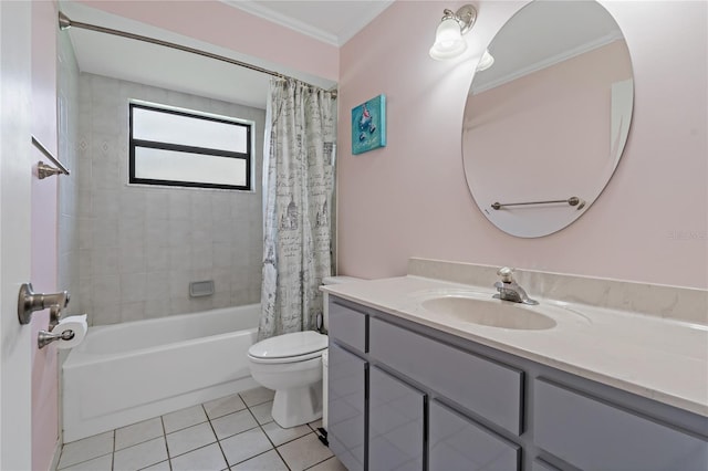 8671 Cypress Lakes Blvd, New Port Richey, FL 34653 - full bathroom with tile patterned floors, vanity, shower / tub combo with curtain, and ornamental molding