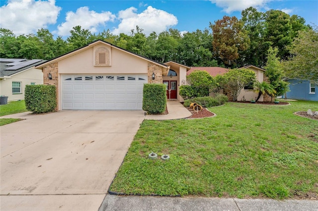 8671 Cypress Lakes Blvd, New Port Richey, FL 34653 - view of front facade with driveway, a garage, a front lawn, and stucco siding