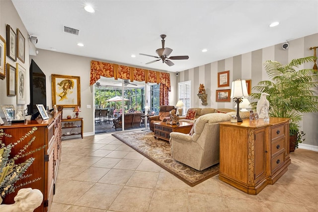 15744 Crystal Waters Dr, Wimauma, FL 33598 - living area featuring a ceiling fan, recessed lighting, light tile patterned flooring, and wallpapered walls