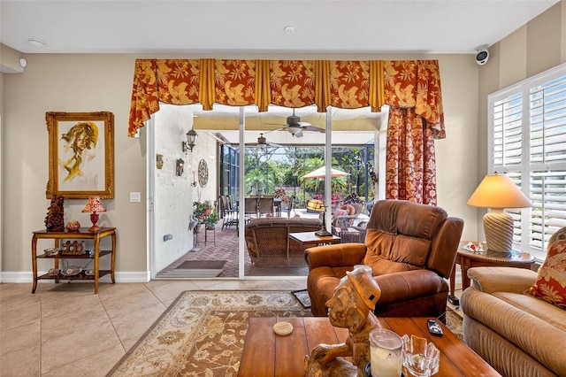 15744 Crystal Waters Dr, Wimauma, FL 33598 - tiled living room with plenty of natural light and ceiling fan