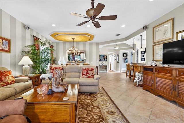 15744 Crystal Waters Dr, Wimauma, FL 33598 - living room with ceiling fan, a chandelier, light tile patterned floors, and recessed lighting