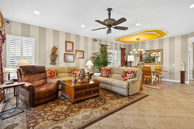 15744 Crystal Waters Dr, Wimauma, FL 33598 - tiled living room featuring wallpapered walls, ceiling fan, a chandelier, and recessed lighting