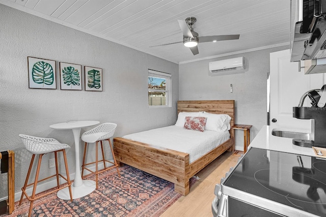 122 Coral Ave, Redington Shores, FL 33708 - bedroom featuring an AC wall unit, ornamental molding, light wood-style floors, wood ceiling, and a textured wall