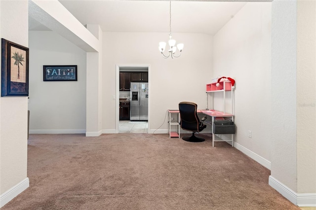 10909 Kirkwall Port Dr, Wimauma, FL 33598 - office space with a chandelier, light carpet, and vaulted ceiling