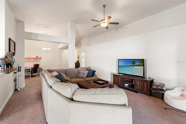 10909 Kirkwall Port Dr, Wimauma, FL 33598 - living area featuring carpet floors, a chandelier, a ceiling fan, and lofted ceiling