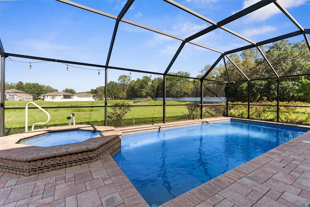 1280 Hill Flower Dr, Brooksville, FL 34604 - swimming pool featuring an in-ground hot tub, a lawn, glass enclosure, a water view, and a patio area