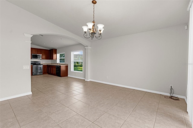 1280 Hill Flower Dr, Brooksville, FL 34604 - unfurnished living room featuring light tile patterned floors, lofted ceiling, arched walkways, and a chandelier
