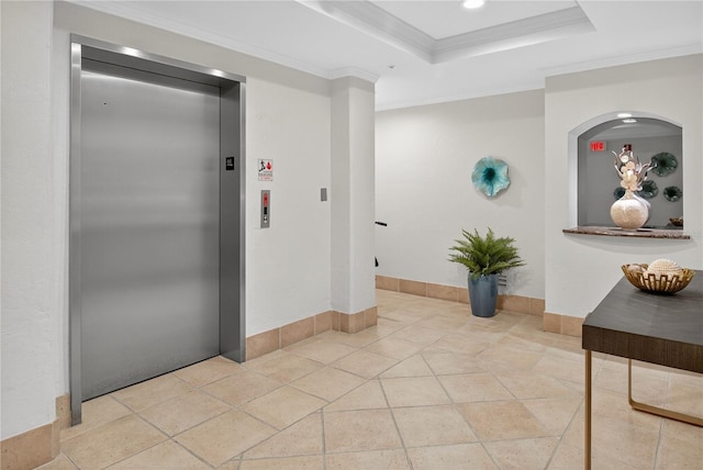 5430 Eagles Point Cir Unit 202, Sarasota, FL 34231 - hall featuring elevator, recessed lighting, ornamental molding, and a tray ceiling