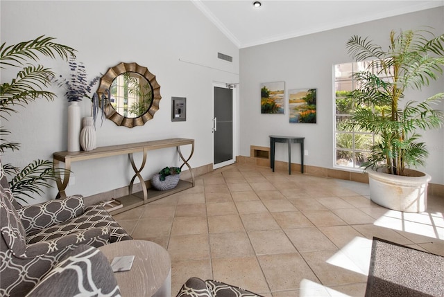 5430 Eagles Point Cir Unit 202, Sarasota, FL 34231 - living area with ornamental molding, tile patterned flooring, and high vaulted ceiling