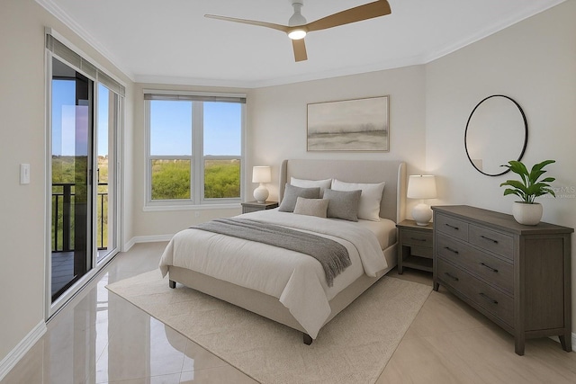 5430 Eagles Point Cir Unit 202, Sarasota, FL 34231 - bedroom featuring access to outside, light tile patterned floors, crown molding, and a ceiling fan