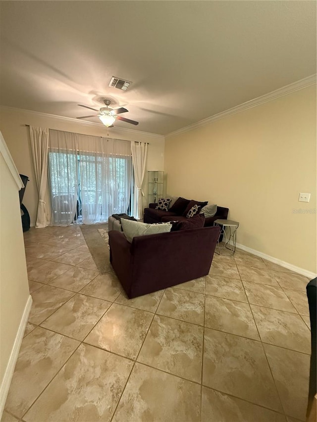 2411 Willimette Dr, Wesley Chapel, FL 33543 - living room featuring crown molding and ceiling fan
