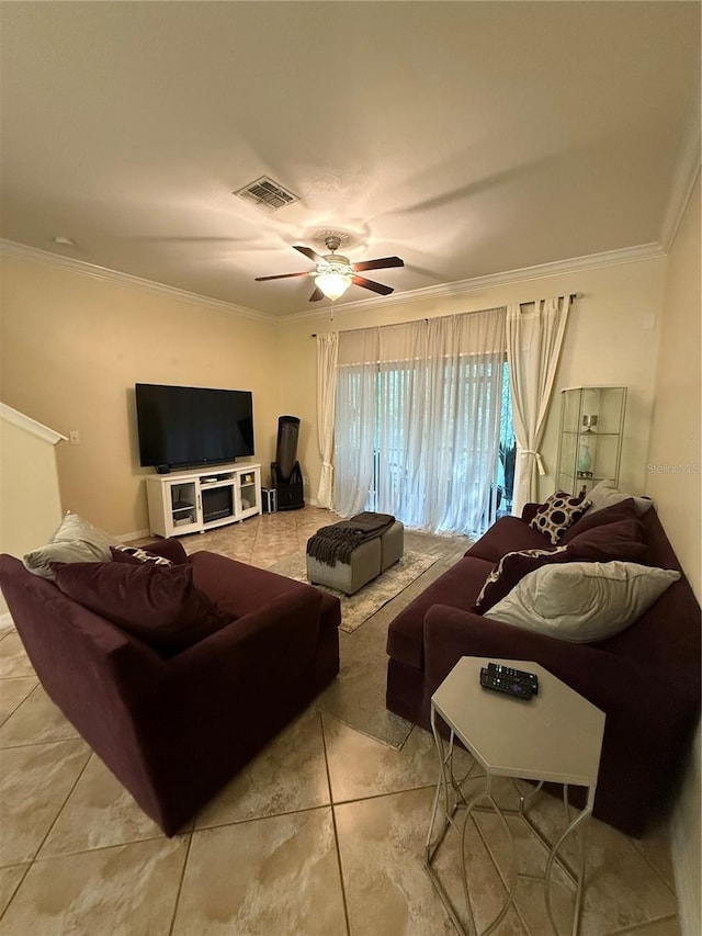 2411 Willimette Dr, Wesley Chapel, FL 33543 - tiled living room featuring ornamental molding and ceiling fan