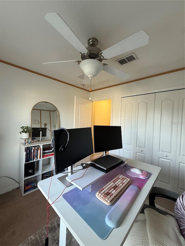 2411 Willimette Dr, Wesley Chapel, FL 33543 - carpeted office space with a ceiling fan and crown molding