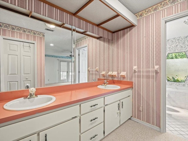 1015 Hastings Ct, Lutz, FL 33548 - full bathroom with wallpapered walls and double vanity