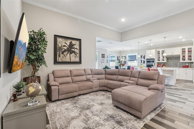 12004 Cinnamon Fern Dr, Riverview, FL 33579 - living area with recessed lighting, crown molding, and light wood finished floors