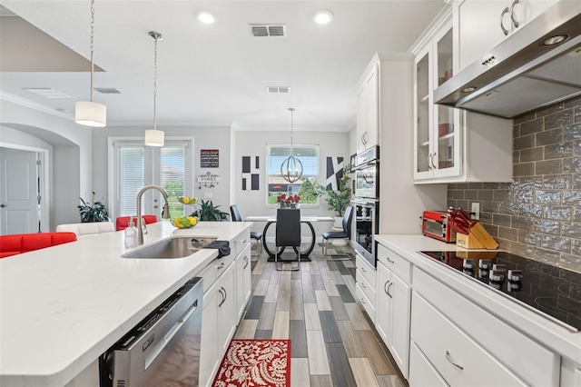 12004 Cinnamon Fern Dr, Riverview, FL 33579 - kitchen featuring stainless steel dishwasher, range hood, ornamental molding, black electric stovetop, and recessed lighting