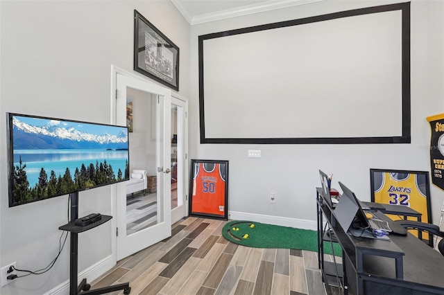 12004 Cinnamon Fern Dr, Riverview, FL 33579 - cinema room featuring crown molding, french doors, and wood finished floors