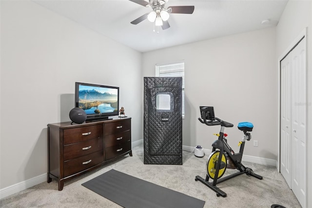 12004 Cinnamon Fern Dr, Riverview, FL 33579 - exercise area with light carpet and ceiling fan