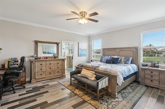 12004 Cinnamon Fern Dr, Riverview, FL 33579 - bedroom with light wood-style floors, an office area, crown molding, and ceiling fan