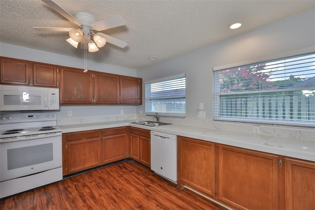 1717 Atrium Dr, Sun City Center, FL 33573 - kitchen featuring white appliances, a textured ceiling, dark wood-style flooring, light countertops, and brown cabinetry