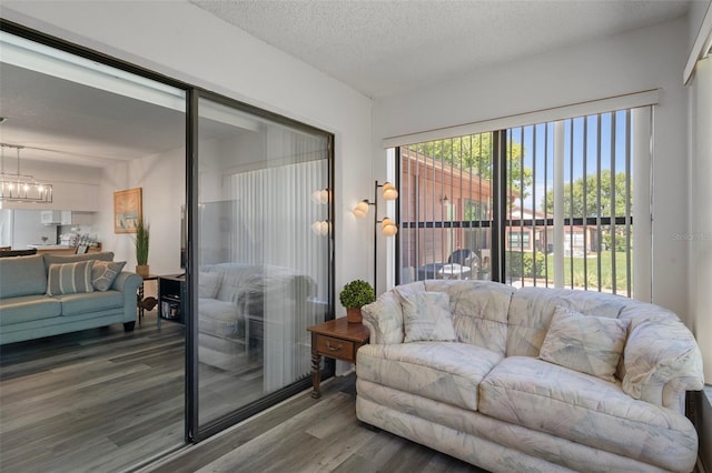7433 Greystone Dr Unit 7433, Hudson, FL 34667 - living room with wood finished floors, a chandelier, and a textured ceiling