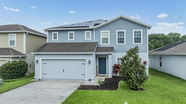2073 Branding Iron Way, New Port Richey, FL 34655 - view of front of house with a front yard, solar panels, an attached garage, driveway, and a shingled roof