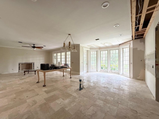 16006 Armistead Ln, Odessa, FL 33556 - living room featuring stone tile flooring, ornamental molding, a ceiling fan, and recessed lighting