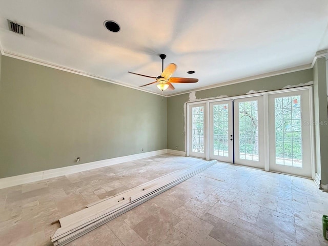 16006 Armistead Ln, Odessa, FL 33556 - empty room featuring stone tile flooring, crown molding, french doors, and ceiling fan