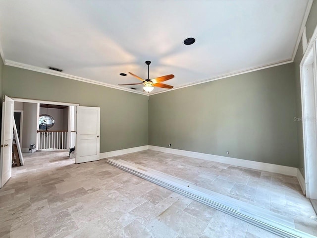 16006 Armistead Ln, Odessa, FL 33556 - unfurnished room featuring stone tile flooring, ornamental molding, a ceiling fan, and a chandelier