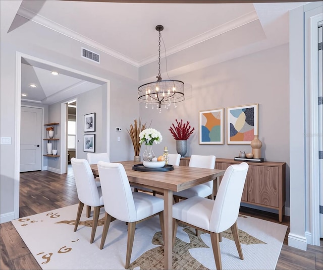 10520 Boardwalk Loop Unit 202, Bradenton, FL 34202 - dining space with a chandelier, dark wood finished floors, ornamental molding, and recessed lighting