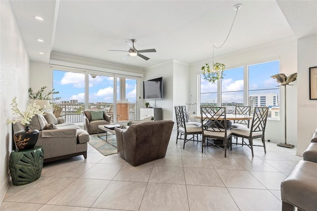 706 Bayway Blvd Unit 503, Clearwater, FL 33767 - living area with crown molding, ceiling fan, light tile patterned floors, a chandelier, and recessed lighting