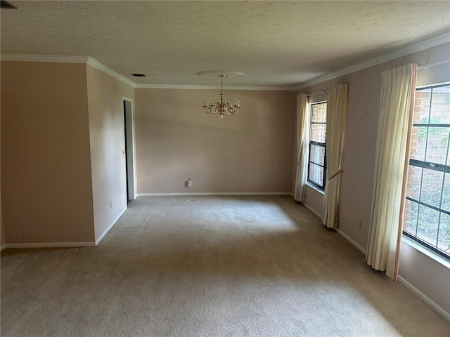 1813 Laurel Oak Dr, Valrico, FL 33596 - empty room featuring a chandelier, a textured ceiling, light carpet, and ornamental molding