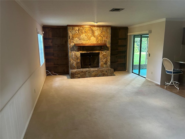 1813 Laurel Oak Dr, Valrico, FL 33596 - carpeted living area with crown molding, a stone fireplace, and built in shelves