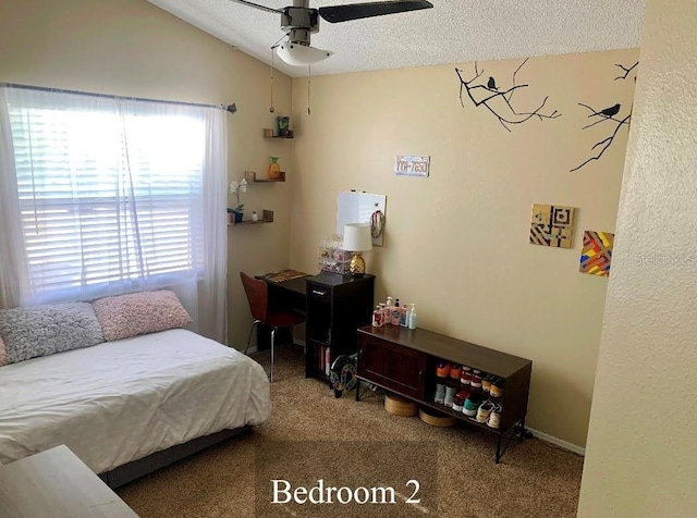 5139 Corvette Dr, Tampa, FL 33624 - bedroom with a textured ceiling, carpet floors, lofted ceiling, and a ceiling fan