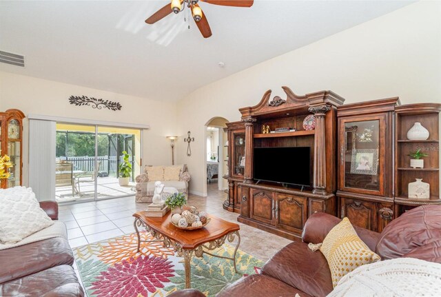 13194 Royal Pines Ave, Riverview, FL 33579 - tiled living area featuring arched walkways and ceiling fan