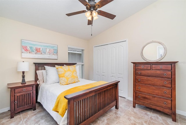 13194 Royal Pines Ave, Riverview, FL 33579 - bedroom featuring a closet, lofted ceiling, and ceiling fan