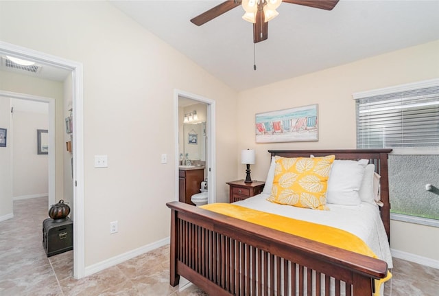 13194 Royal Pines Ave, Riverview, FL 33579 - bedroom featuring vaulted ceiling, ensuite bath, ceiling fan, and light tile patterned flooring