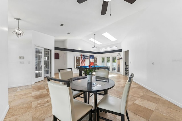 3509 Country Creek Ln, Valrico, FL 33596 - dining area with french doors, lofted ceiling, billiards table, a ceiling fan, and light stone finish flooring