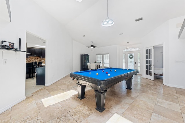 3509 Country Creek Ln, Valrico, FL 33596 - recreation room with french doors, high vaulted ceiling, billiards, and ceiling fan