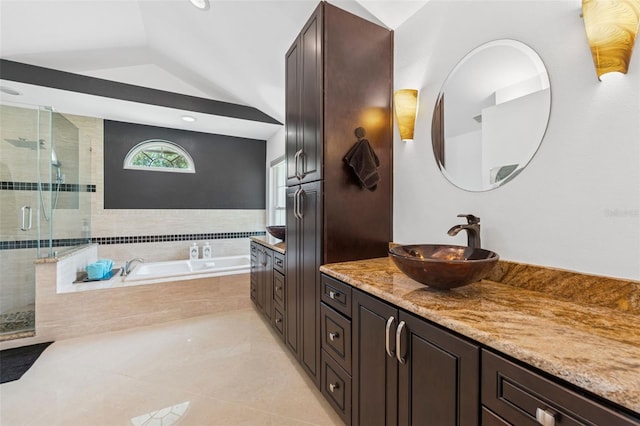 3509 Country Creek Ln, Valrico, FL 33596 - full bathroom with vanity, a bath, a shower stall, tile patterned floors, and lofted ceiling