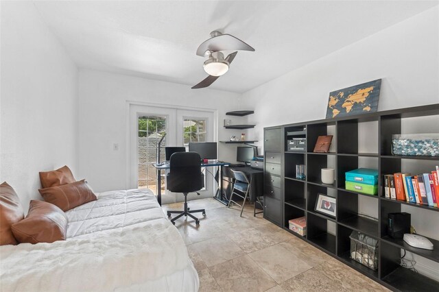 3509 Country Creek Ln, Valrico, FL 33596 - bedroom with access to exterior, a ceiling fan, and a desk